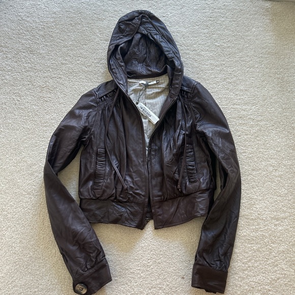 BNWT Mike & Chris brown leather jacket hoodie bomber women size XS cropped - Picture 1 of 4